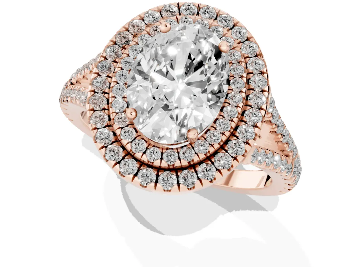Oval Cut Diamond Double Halo Ring with Pavé Band and Prong Setting Rose gold