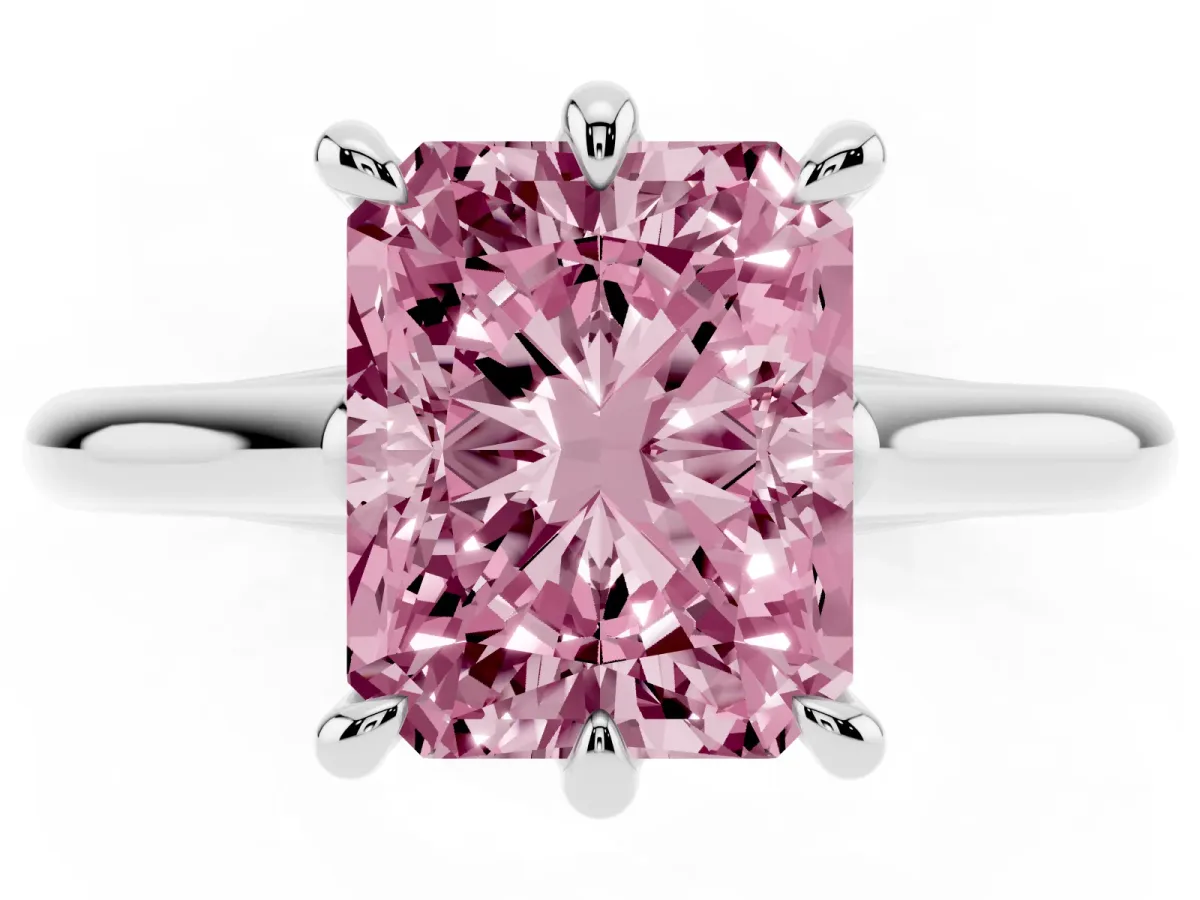 Fancy Pink Radiant Cut Solitaire Engagement Ring with Six-Prong Setting and Classic Band Platinum
