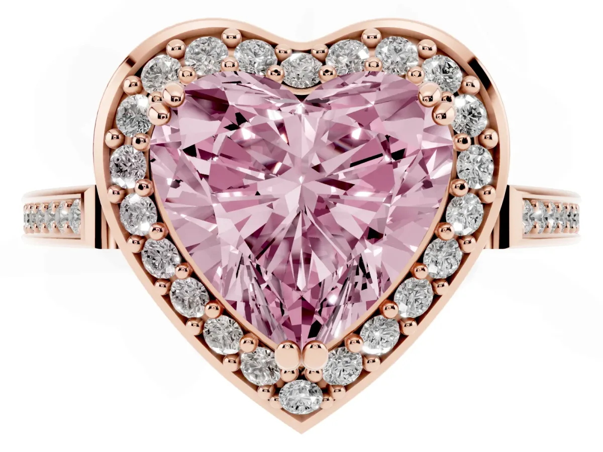 Fancy Pink Heart Cut Diamond Halo Ring with Split Shank and Four-Prong Setting Rose gold
