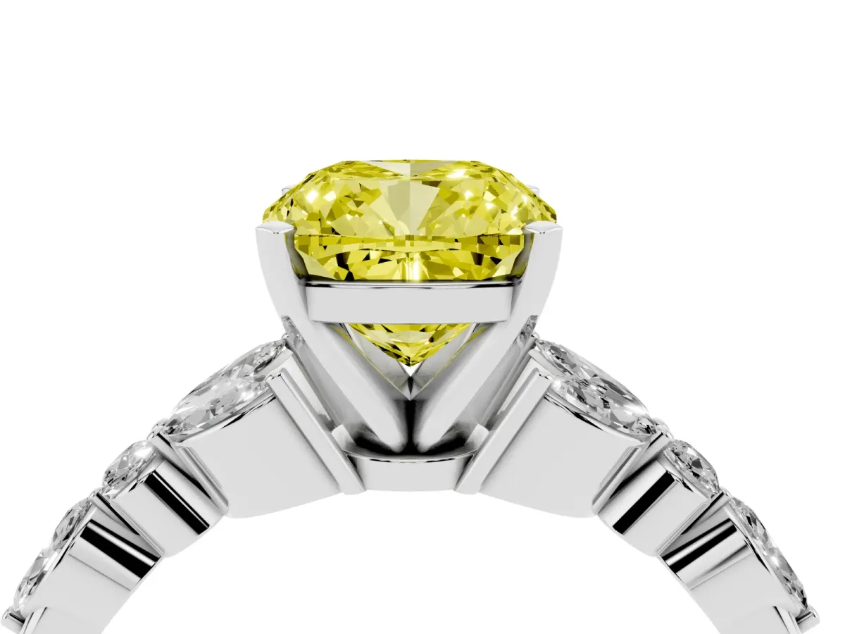 Fancy Yellow Cushion Cut Diamond Solitaire Ring with Side Stones and Four-Prong Setting Silver