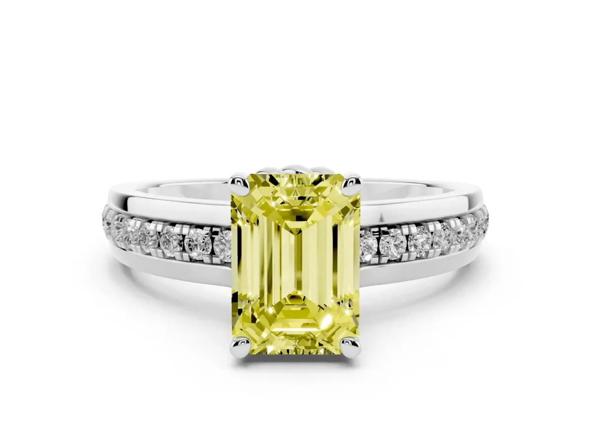 Fancy Yellow Emerald Cut Solitaire Diamond Ring with Channel Set Band and Six-Prong Setting Silver