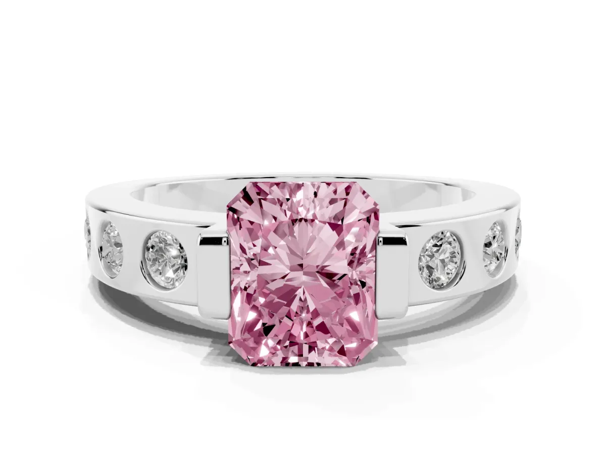 Fancy Pink Radiant Cut Brilliant Channel-Set Diamond Ring with Bezel Prong Setting Silver