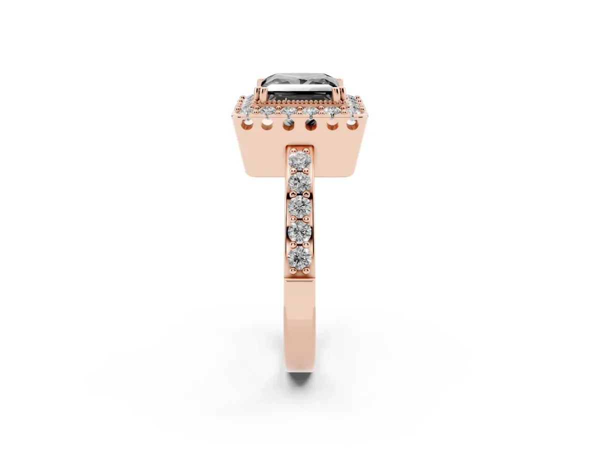 Fancy Black Princess Cut Diamond Halo Ring with Pavé Band and Prong Setting Rose gold