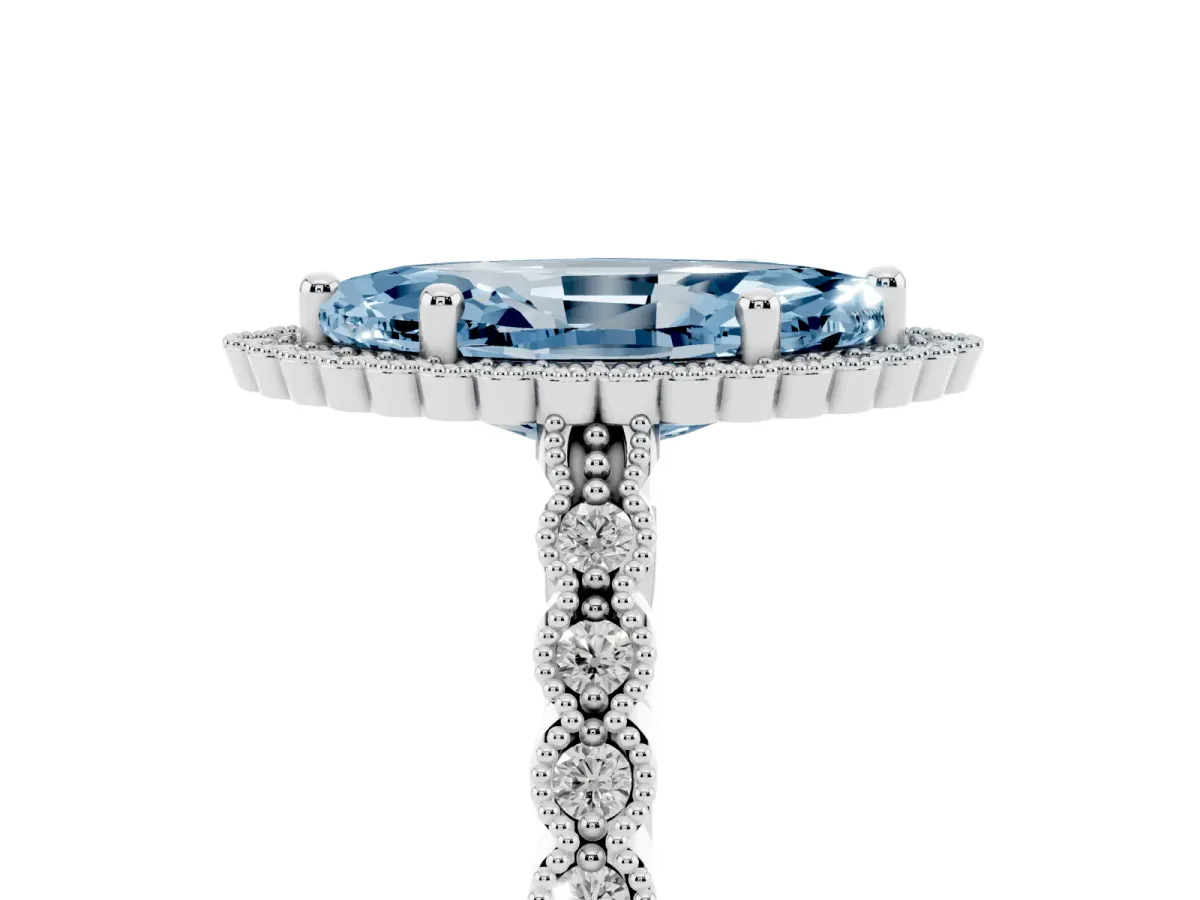 Fancy Blue Marquise Cut Cut Halo Pavé Solitaire Ring with Milgrain Band Silver