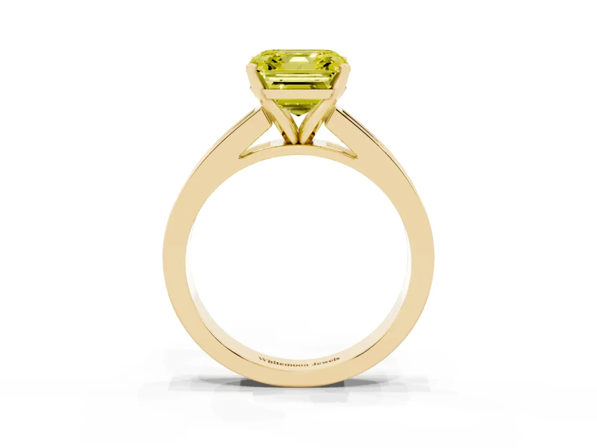 Fancy Yellow Asscher Cut Solitaire Diamond Ring with Channel-Set Band and Four-Prong Setting Yellow gold