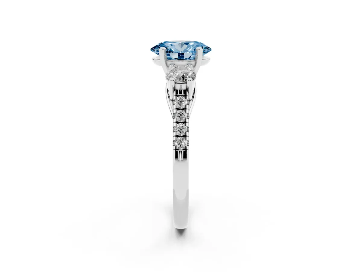 Fancy Blue Three-Stone Oval Cut Diamond Pavé Band with Four-Prong Setting White gold