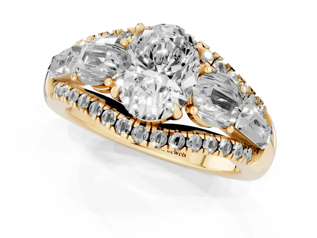 Three-Stone Oval Cut Diamond Engagement Ring with Pave Band and Prong Setting Yellow gold