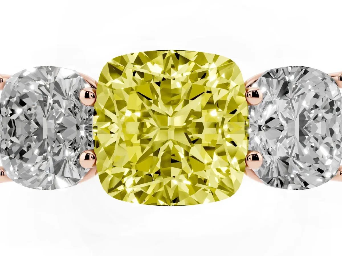 Fancy Yellow Cushion Cut Three-Stone Diamond Ring with Prong Setting on a Classic Band Rose gold