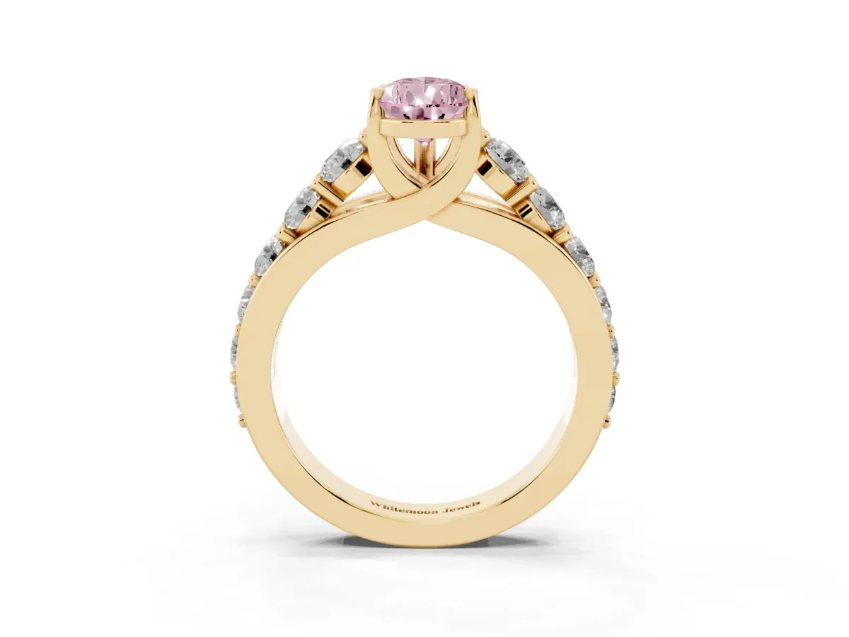 Fancy Pink Pear Cut Diamond Engagement Ring with Pavé Band and Four-Prong Setting Yellow gold