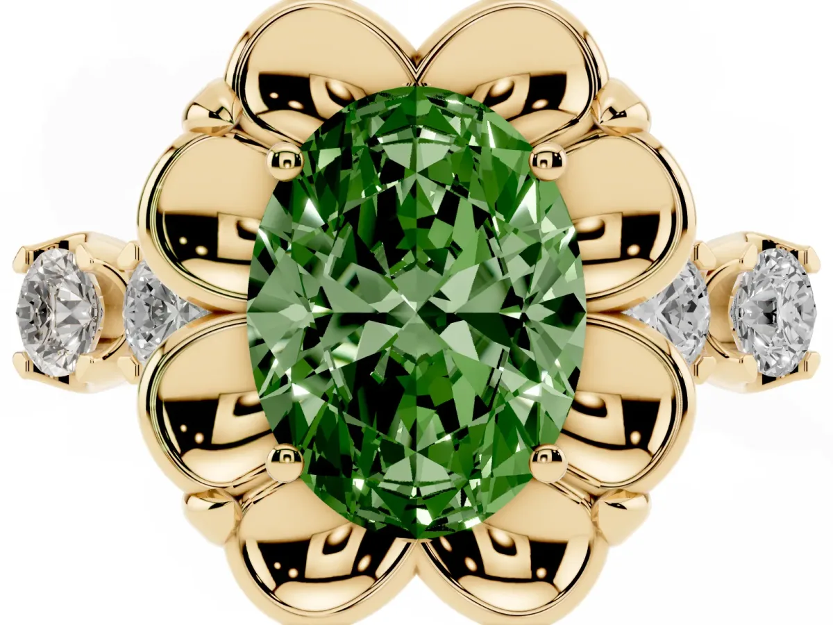 Fancy Green Oval Cut Cut Diamond Floral Halo Engagement Ring with Shared Prong Setting Yellow gold