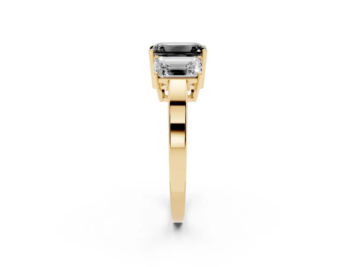 Fancy Black Three-Stone Emerald Cut Cut Diamond Engagement Ring with Flat Band and Four-Prong Setting Yellow gold