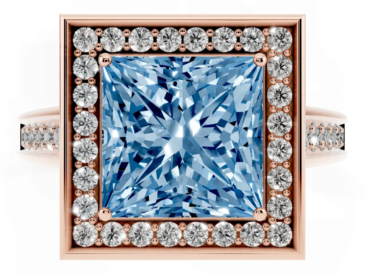 Fancy Blue Princess Cut Halo Solitaire Diamond Ring with Pave Band and Bezel Setting Rose gold