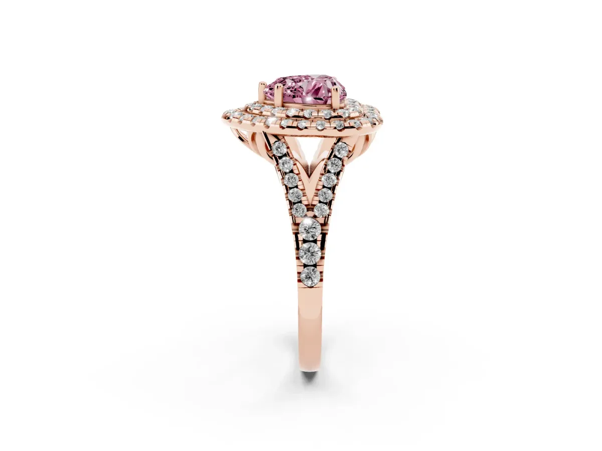 Fancy Pink Double Halo Heart Cut Diamond Pavé Split Shank Ring with Prong Setting Rose gold