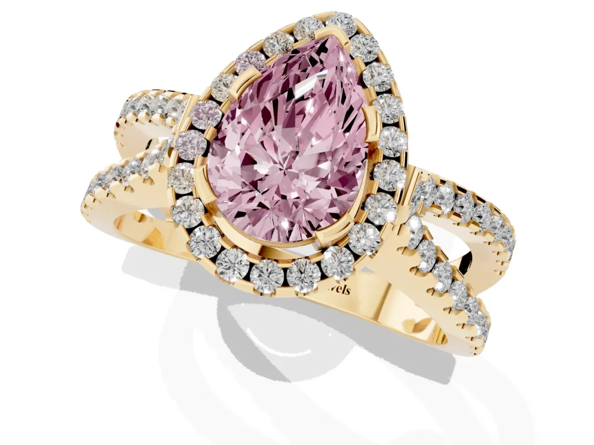 Fancy Pink Pear Cut Diamond Halo Ring with Split Shank Pavé Band and Prong Setting Yellow gold