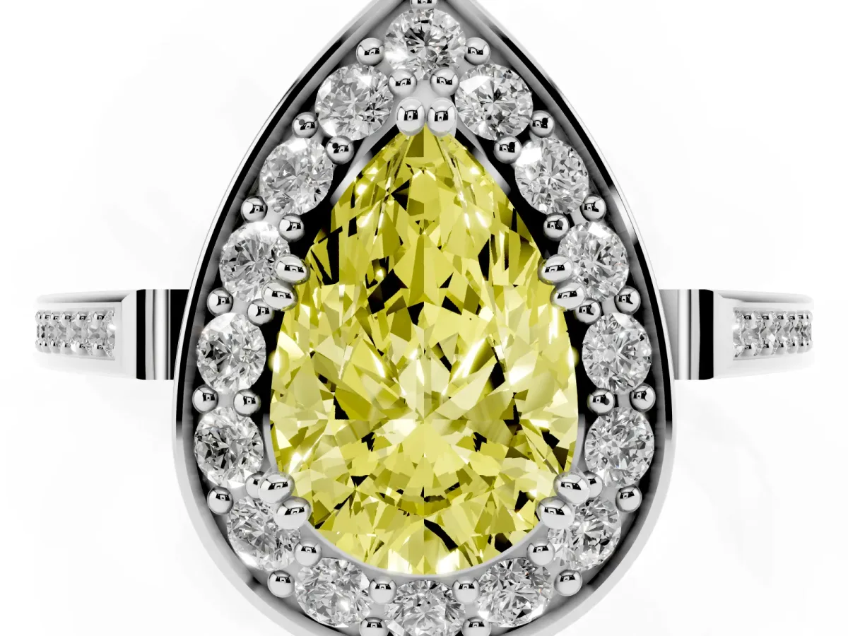 Fancy Yellow Pear Cut Diamond Halo Ring with Split Shank and Four-Prong Setting Silver