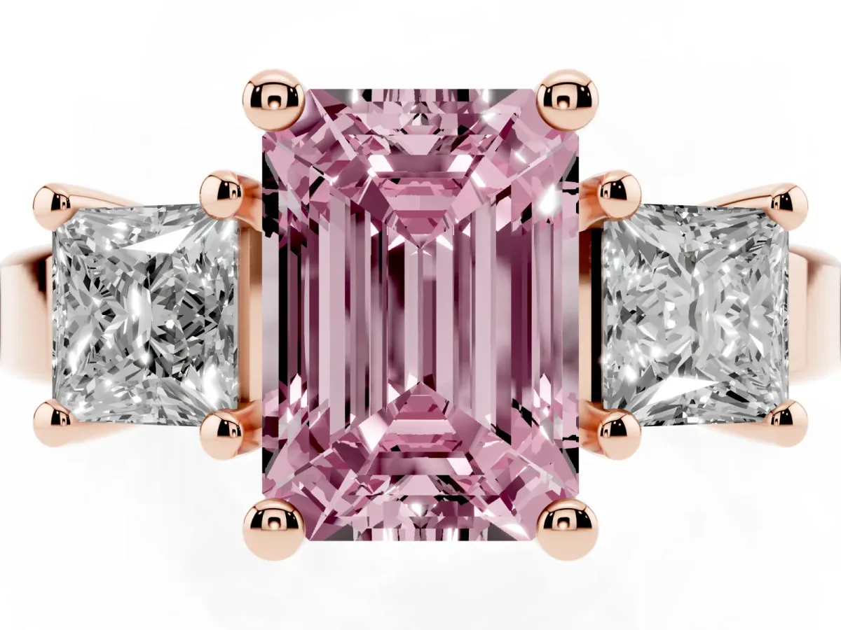 Fancy Pink Three-Stone Emerald Cut Cut Solitaire Ring with Prong Setting Rose gold