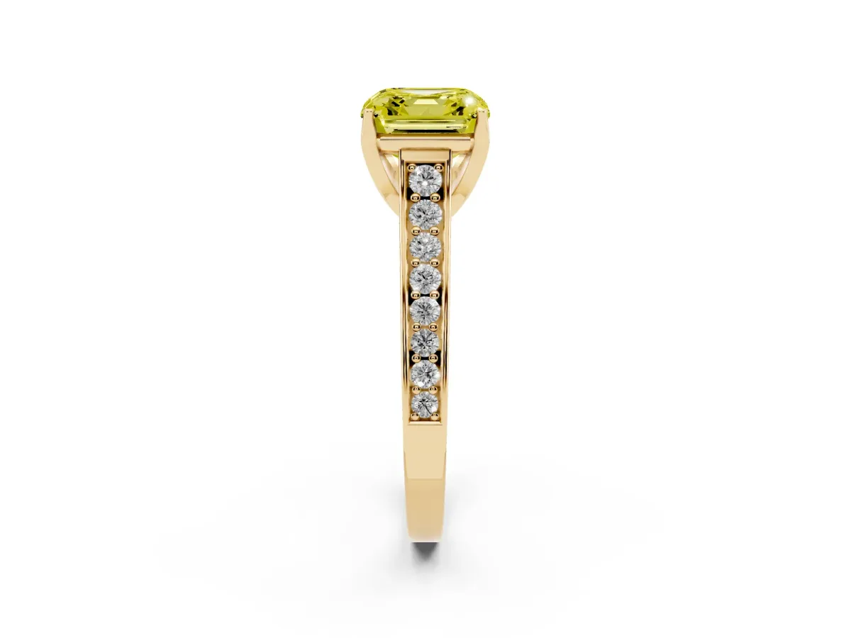 Fancy Yellow Asscher Cut Brilliant Cut Diamond Engagement Ring with Pavé Band and Four-Prong Setting Yellow gold