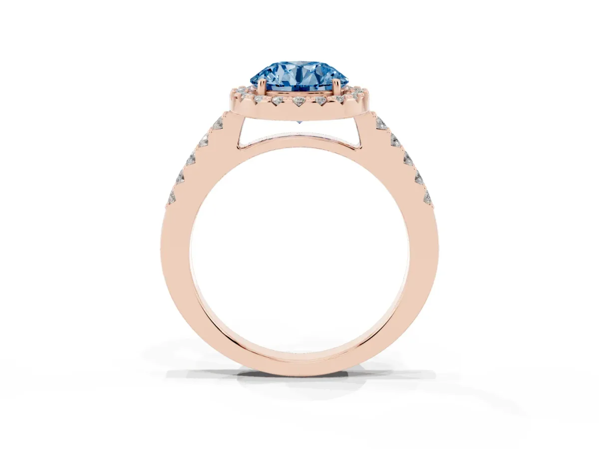 Fancy Blue Round Cut Halo Diamond Pavé Solitaire Ring Rose gold