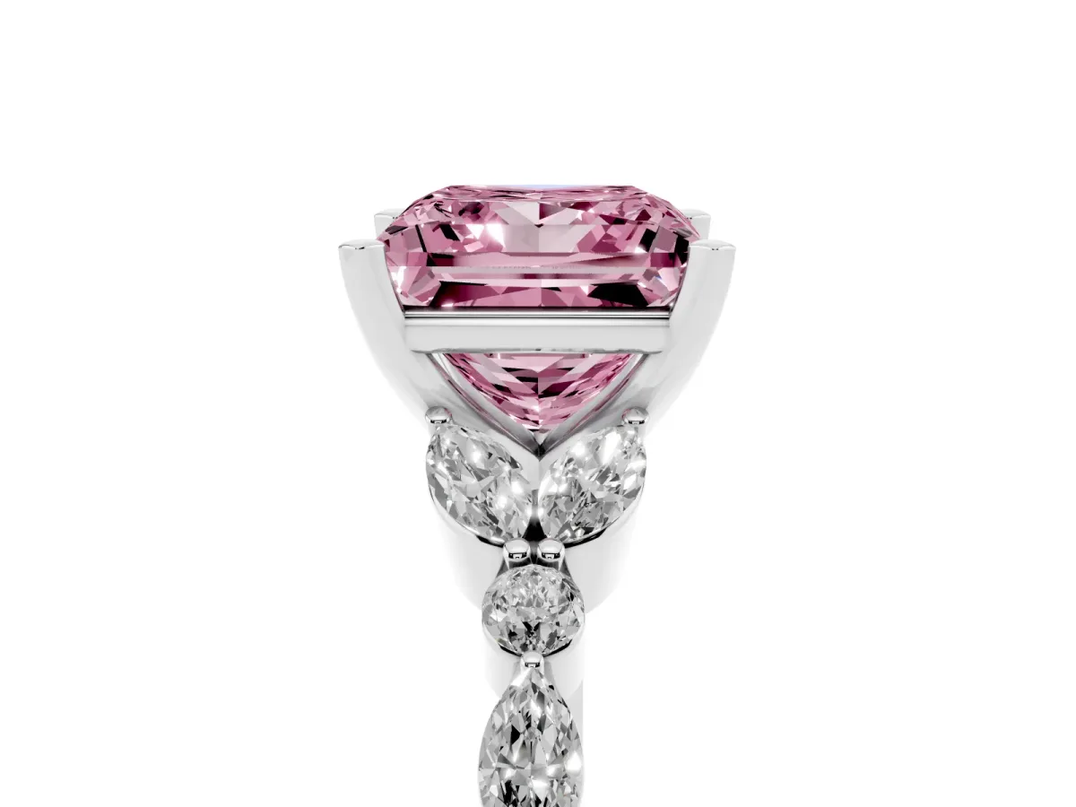 Fancy Pink Princess Cut Diamond Solitaire Ring with Side Stones and Four-Prong Setting Silver