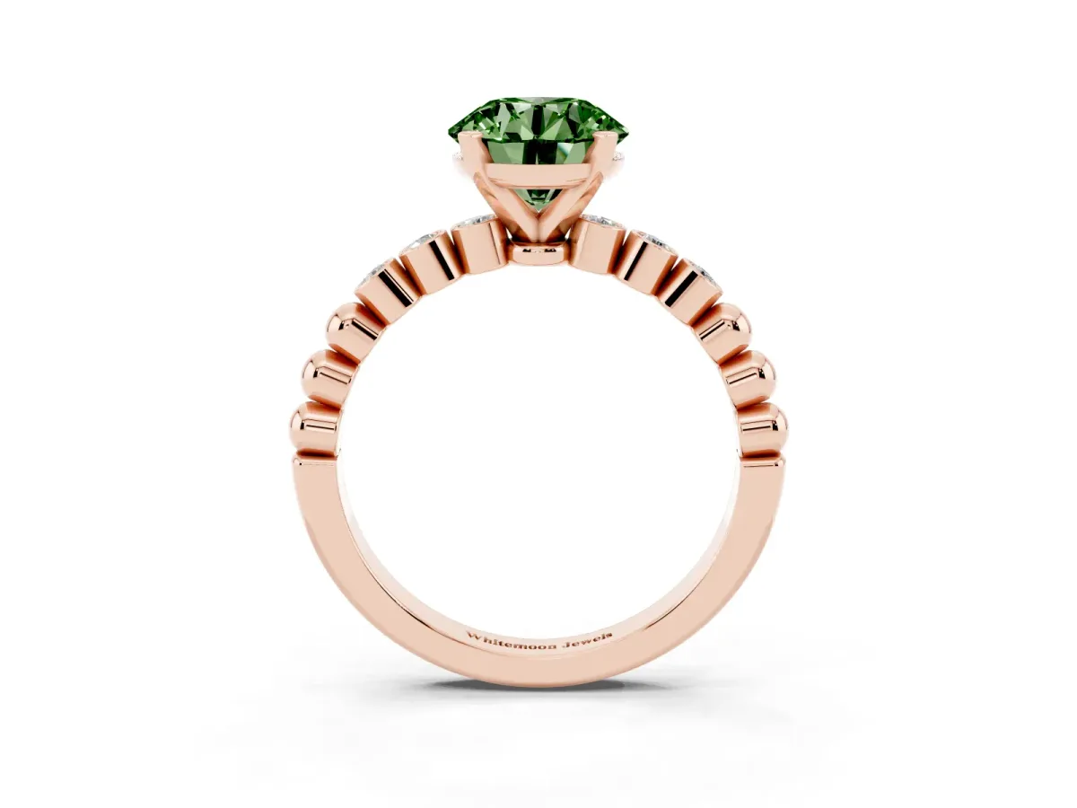 Fancy Green Round Cut Solitaire Bezel Accent Diamond Engagement Ring with Beaded Band and Four-Prong Setting Rose gold