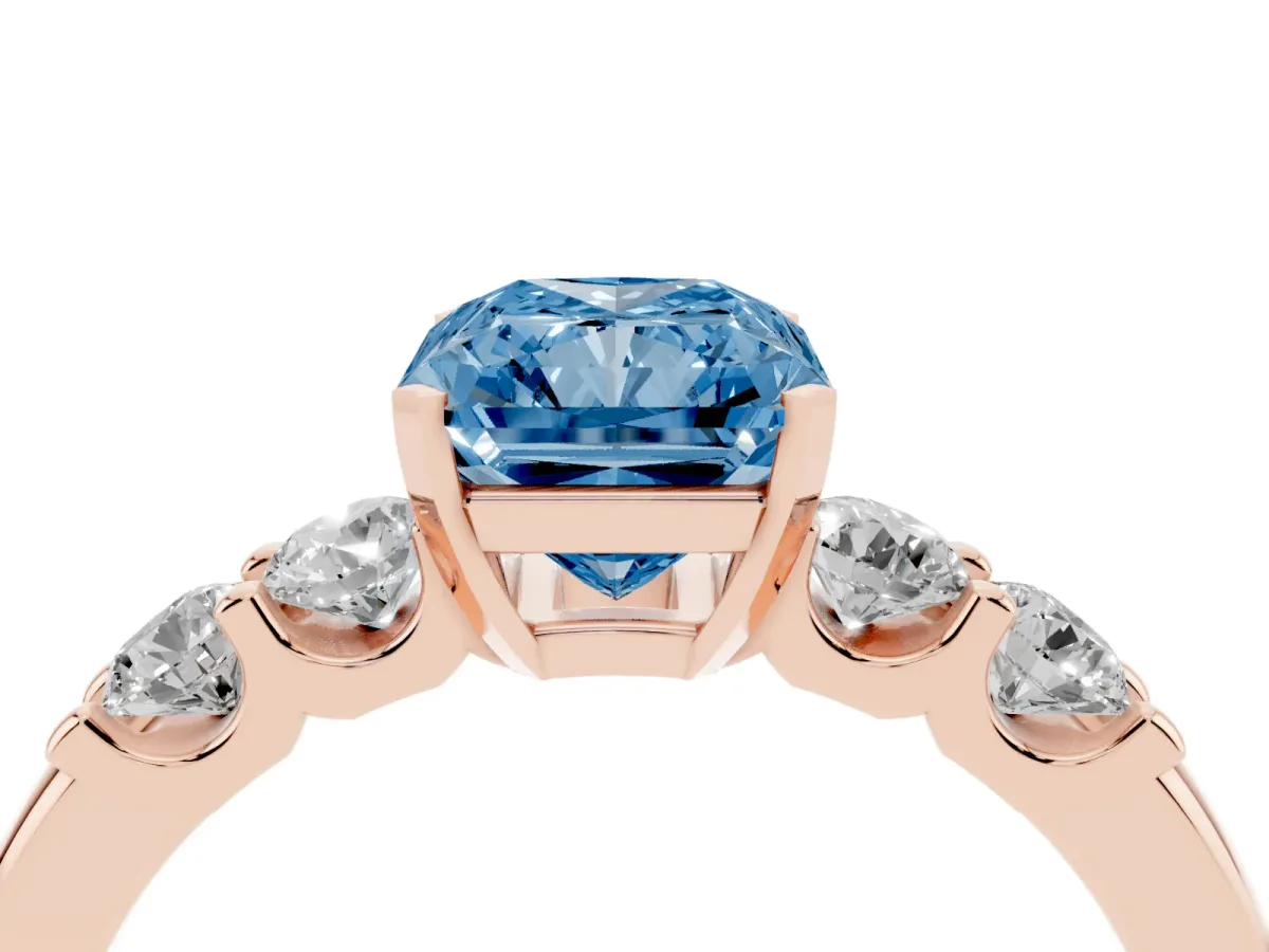 Fancy Blue Radiant Cut Brilliant Cut Diamond Five-Stone Prong Set Engagement Ring with Channel Band Rose gold