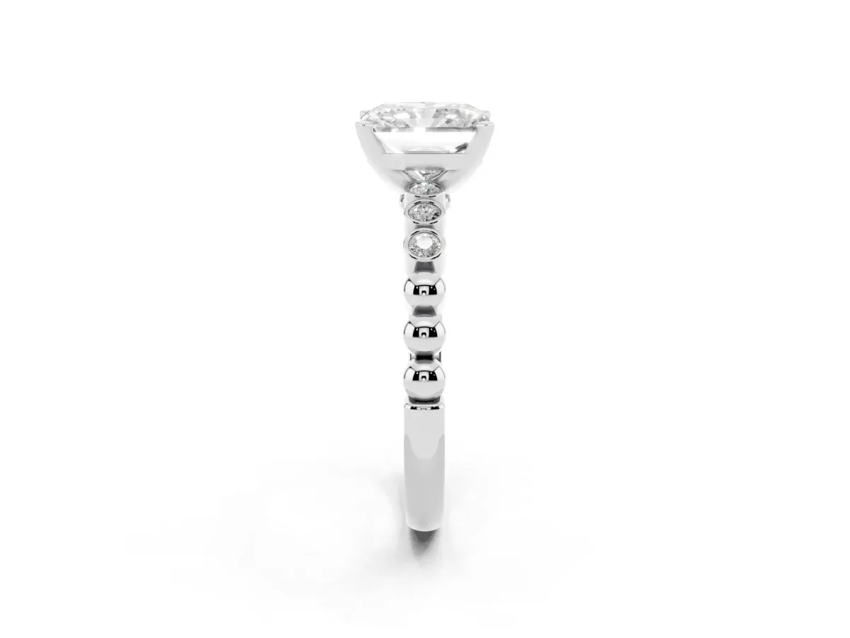 Radiant Cut Solitaire Bezel Accent Diamond Engagement Ring with Beaded Band and Four-Prong Setting Silver