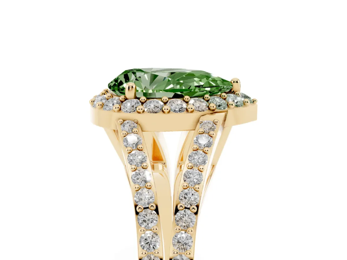 Fancy Green Pear Cut Halo Split Shank Diamond Ring with Prong Setting Yellow gold