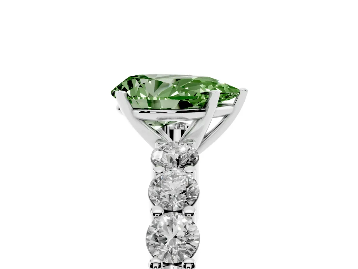 Fancy Green Pear Cut Diamond Solitaire Ring with Shared Prong Round Side Stones Silver