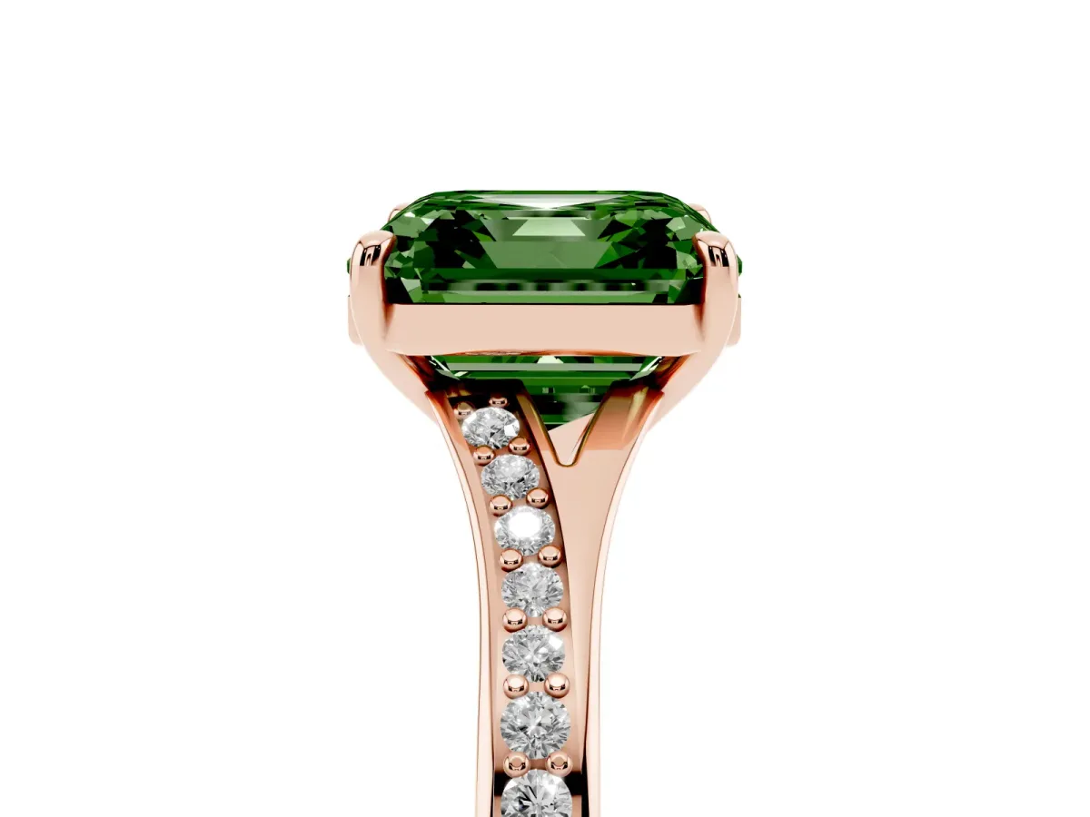 Fancy Green Asscher Cut Diamond Solitaire Ring with Pavé Band and Prong Setting Rose gold