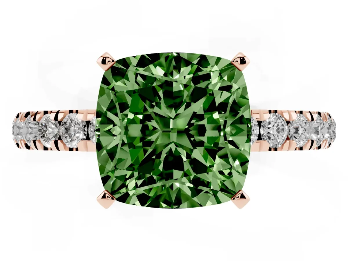 Fancy Green Cushion Cut Diamond Solitaire Ring with Pavé Accents and Four-Prong Setting Rose gold