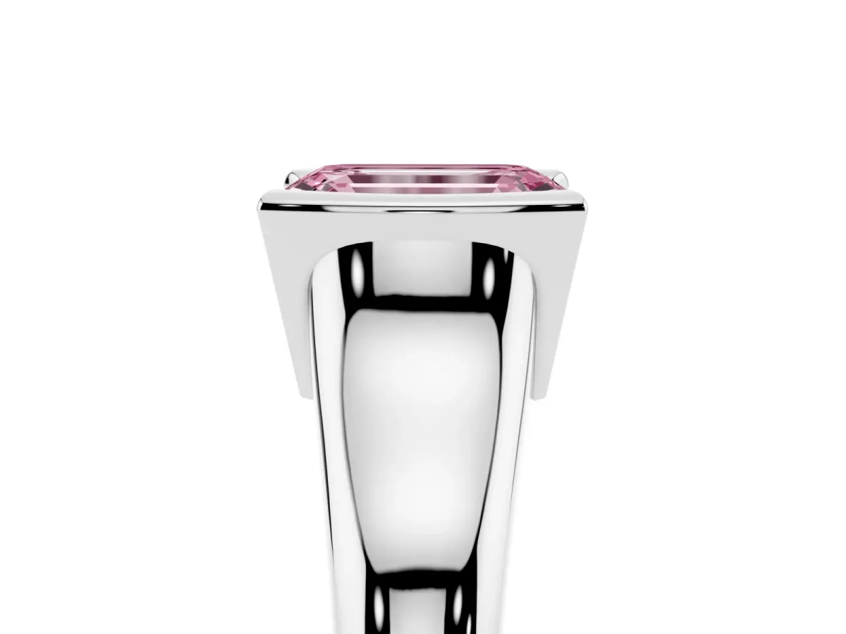 Fancy Pink Emerald Cut Solitaire Tension Set Diamond Ring with Split Shank Band Silver