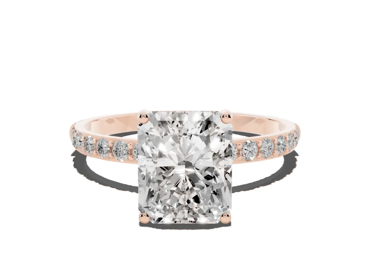 Radiant Cut Diamond Solitaire Ring with Round Pavé Shoulders and Prong Setting Rose gold