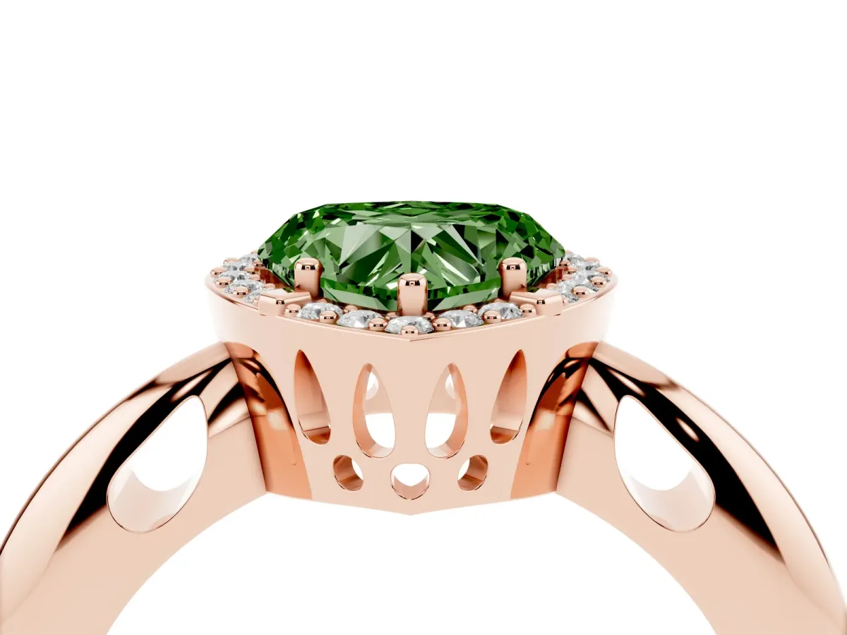 Fancy Green Heart Cut Cut Diamond Halo Engagement Ring with Split Shank and Four-Prong Setting Rose gold