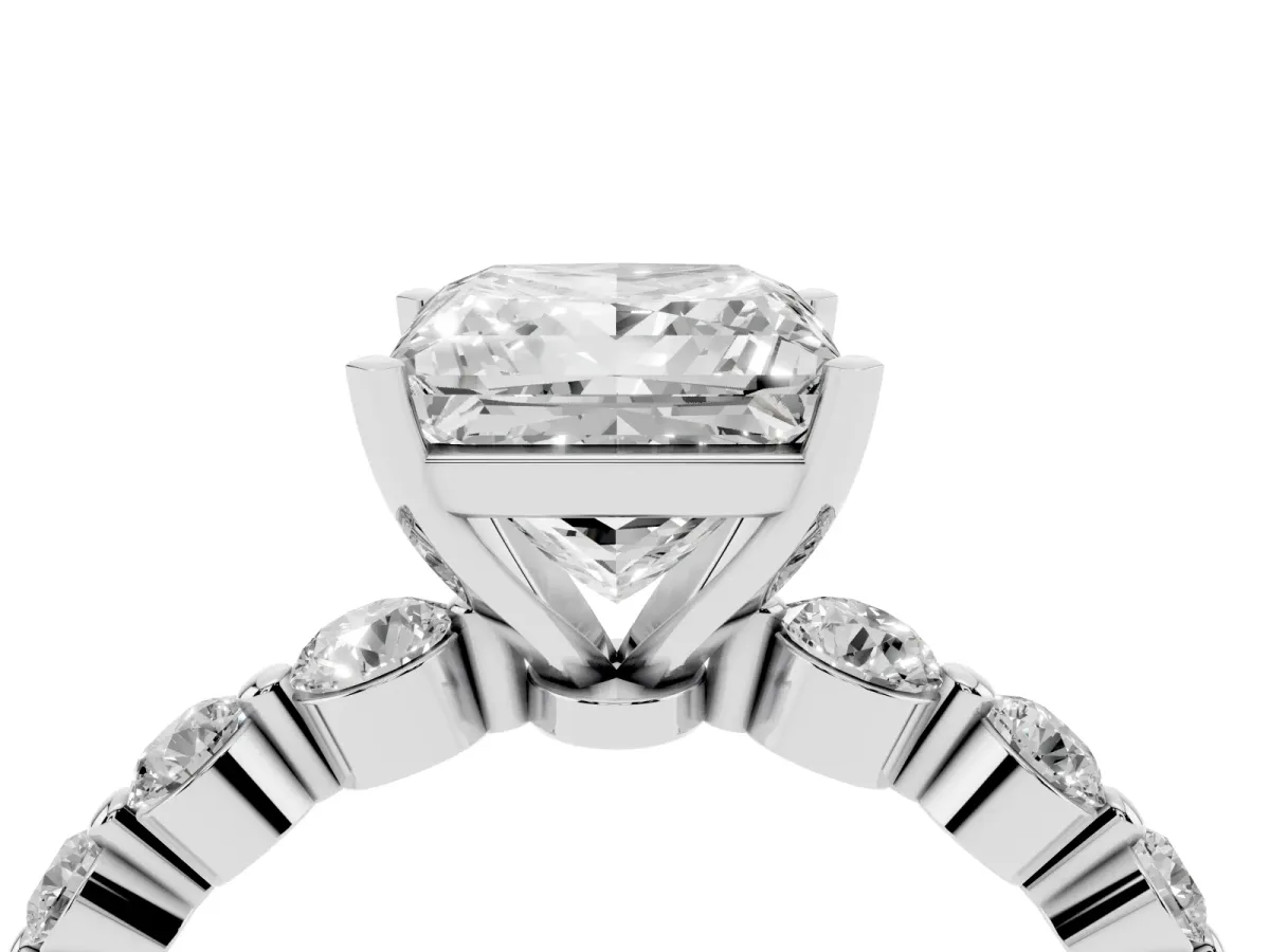 Princess Cut Solitaire Diamond Ring with Pave Band and Four-Prong Setting Silver