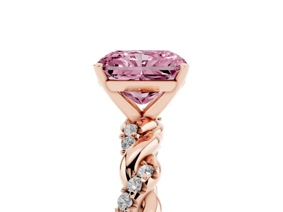 Fancy Pink Radiant Cut Diamond Solitaire Ring with Twisted Band and Pavé Accents Rose gold