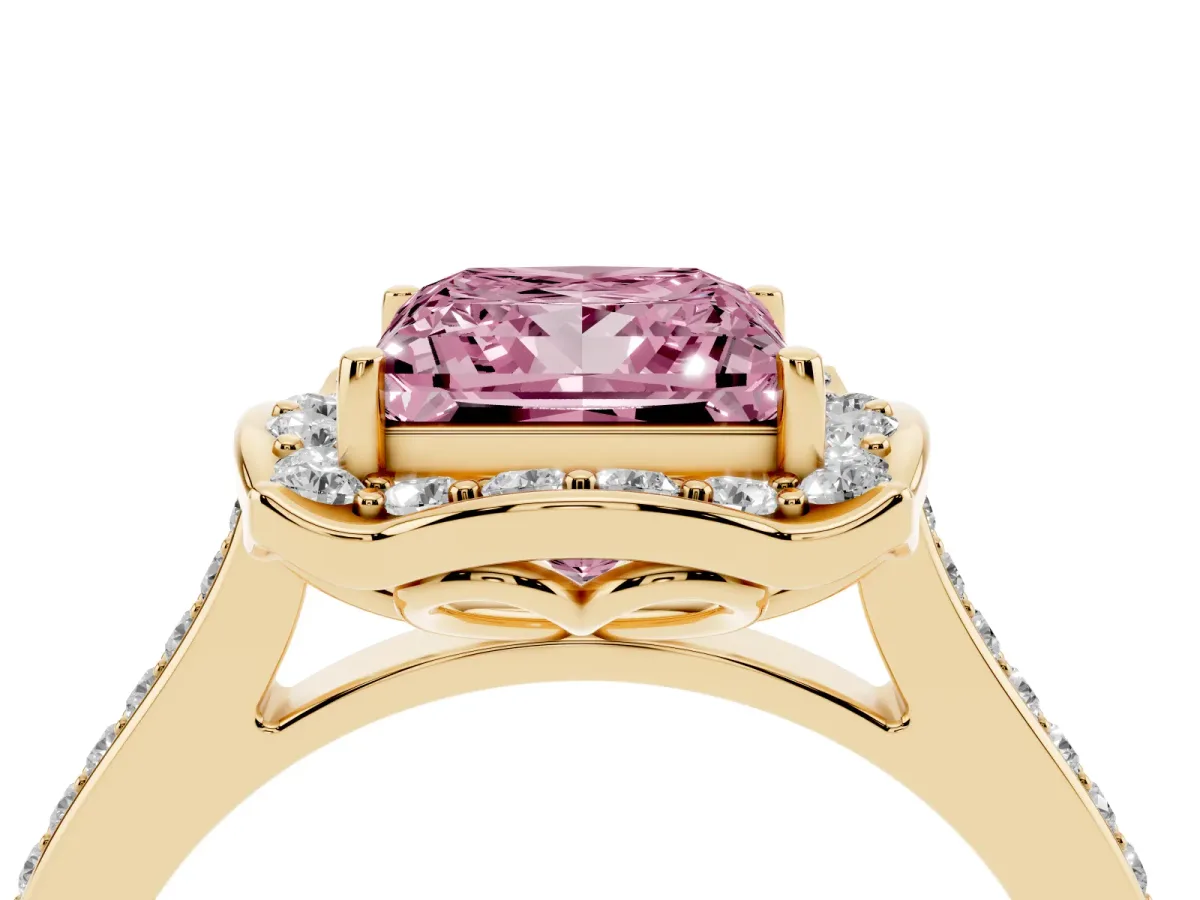 Fancy Pink Princess Cut Halo Round Diamond Pave Band with Four-Prong Setting Yellow gold