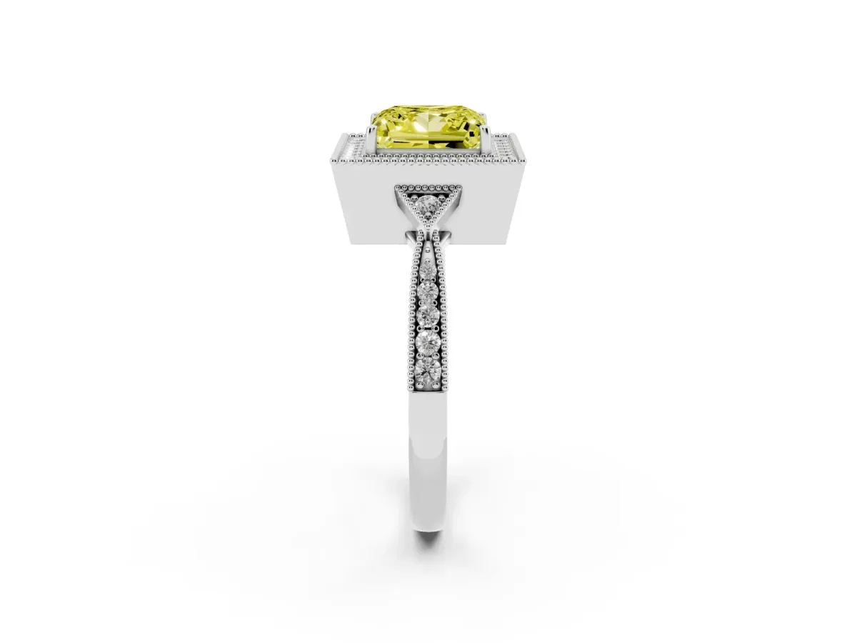 Fancy Yellow Princess Cut Halo Round Diamond Milgrain Pave Engagement Ring Platinum