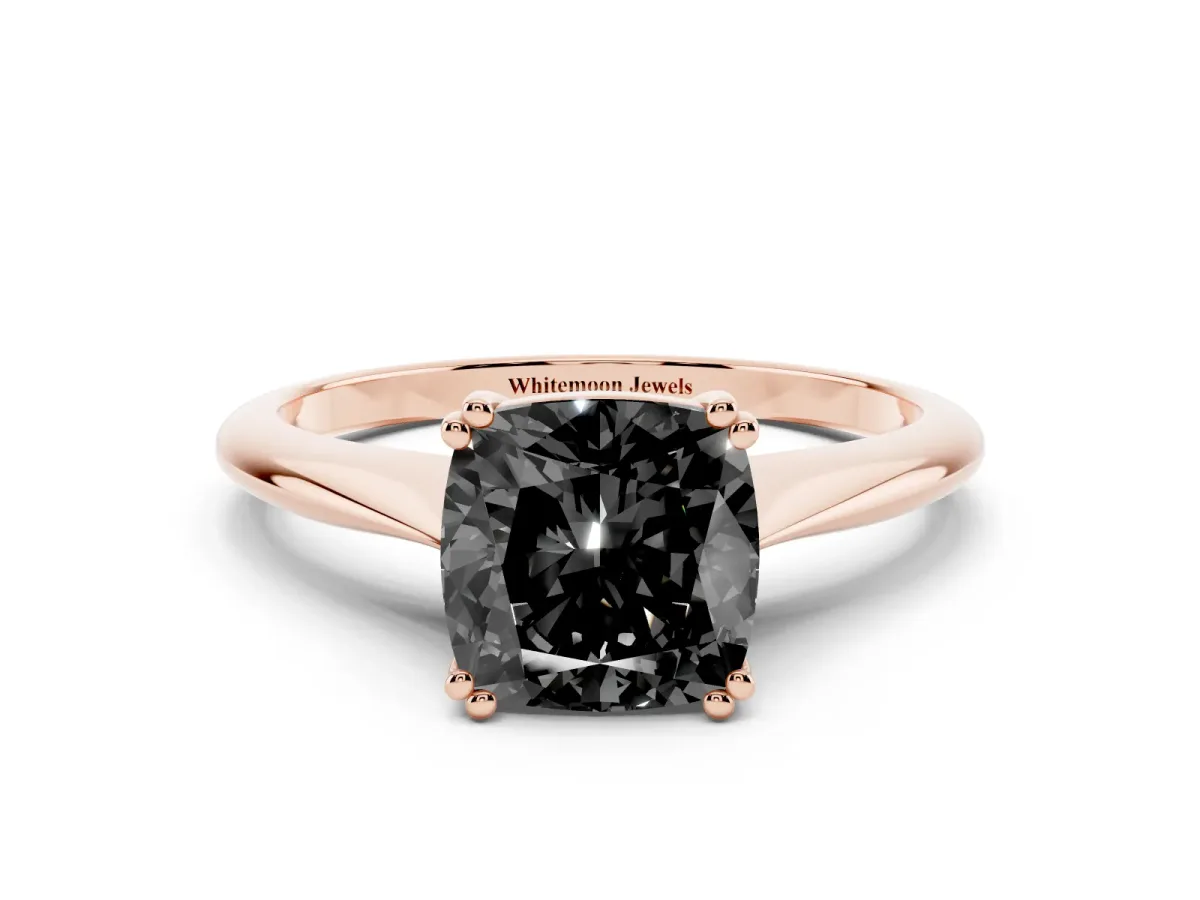 Fancy Black Cushion Cut Solitaire Diamond Ring with Six-Prong Setting and Classic Band Rose gold