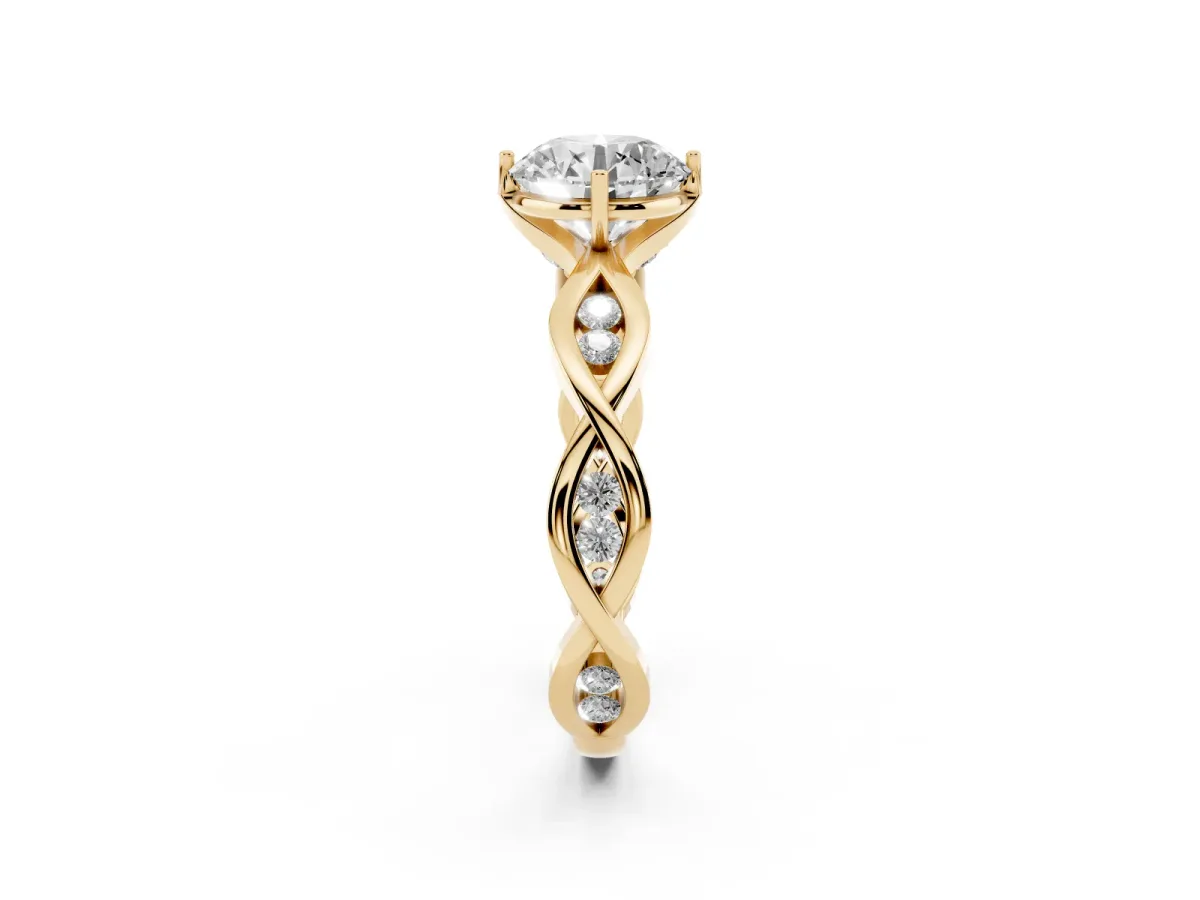 Round Cut Solitaire Twist Band with Leaf Prong Setting Yellow gold