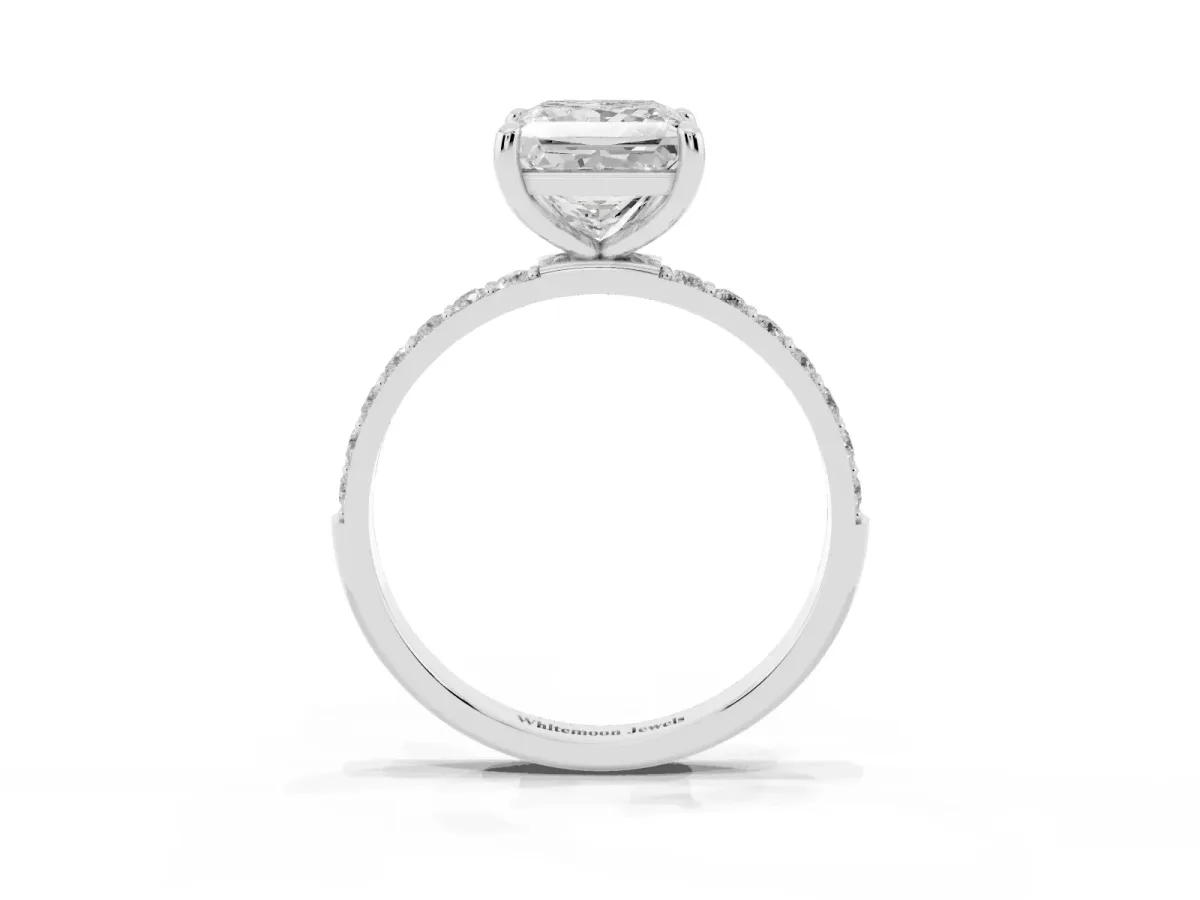 Princess Cut Diamond Solitaire Ring with Round Pavé Band and Prong Setting Silver