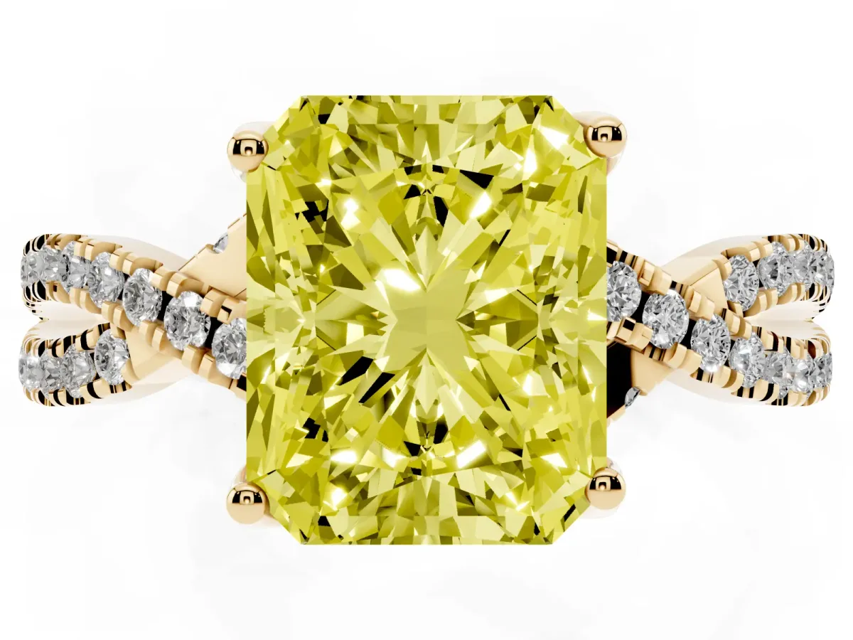 Fancy Yellow Radiant Cut Solitaire Twist Pave Diamond Engagement Ring with Prong Setting Yellow gold