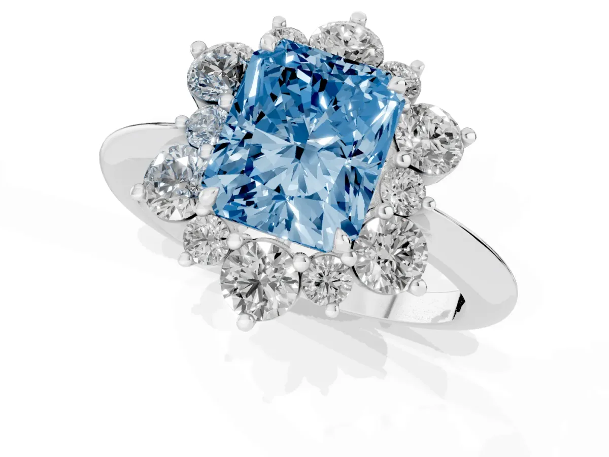 Fancy Blue Radiant Cut Diamond Cluster Halo Ring with Solitaire Band and Four-Prong Setting White gold