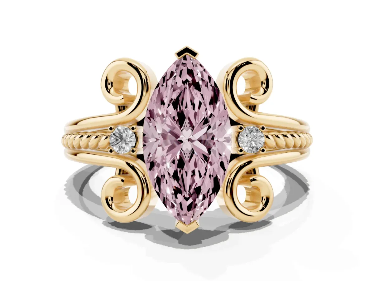 Fancy Pink Marquise Cut Solitaire Twisted Band Scroll Prong Ring Yellow gold