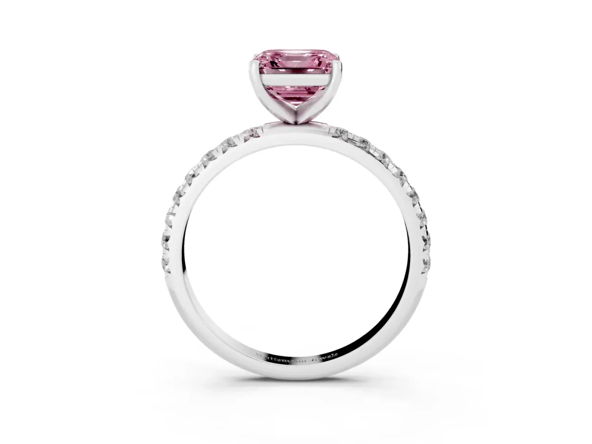 Fancy Pink Asscher Cut Cut Diamond Solitaire Ring with Micro Pave Band and Four Prong Setting Silver