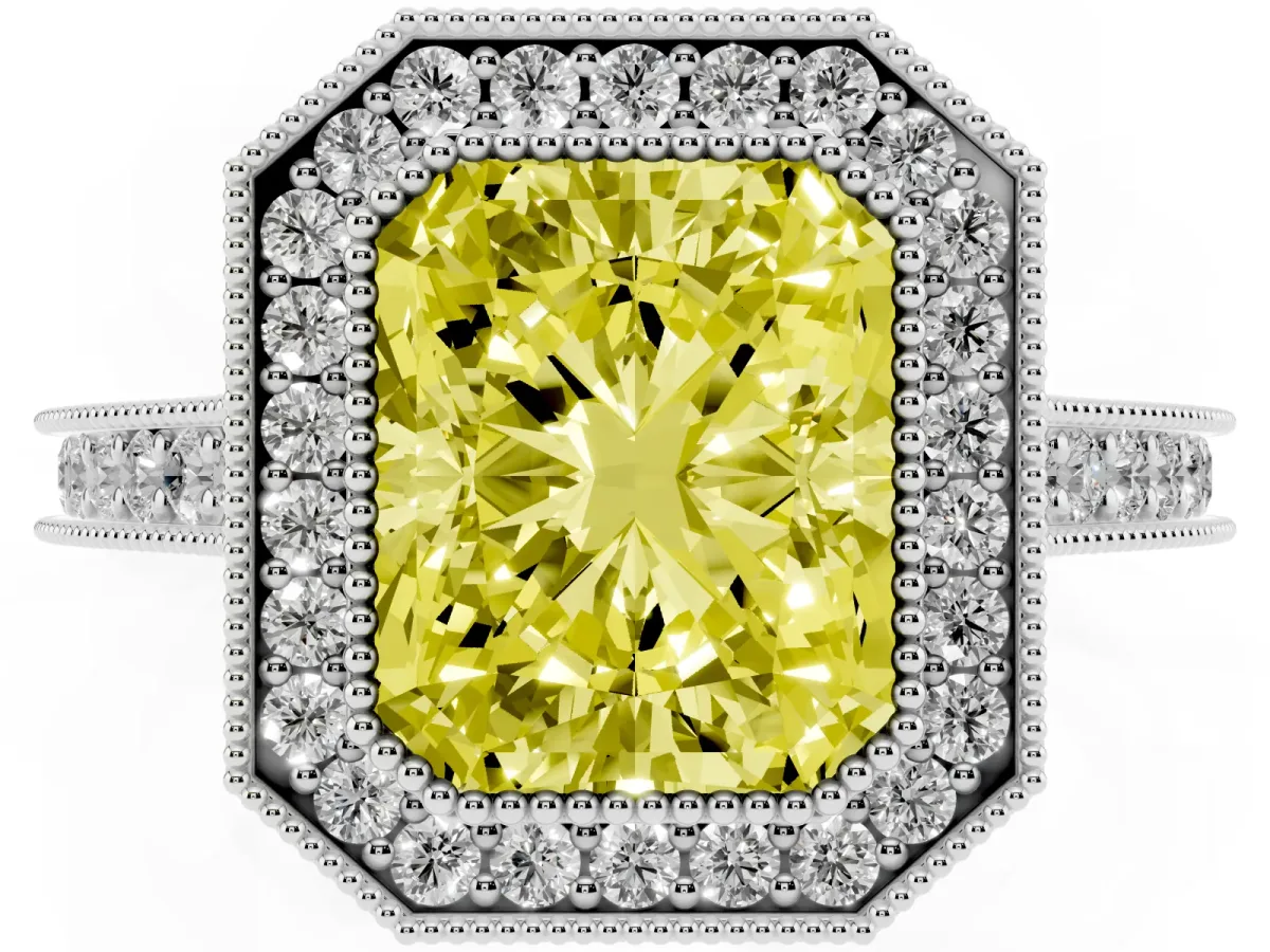 Fancy Yellow Halo Radiant Cut-Cut Diamond Pave Band Milgrain Prong Setting Ring Platinum