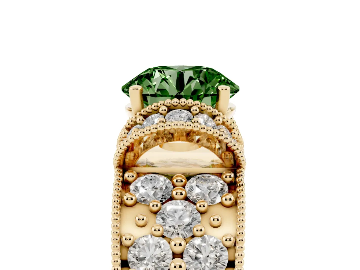 Fancy Green Round Cut Halo Pave Diamond Engagement Ring with Milgrain Detailing Yellow gold