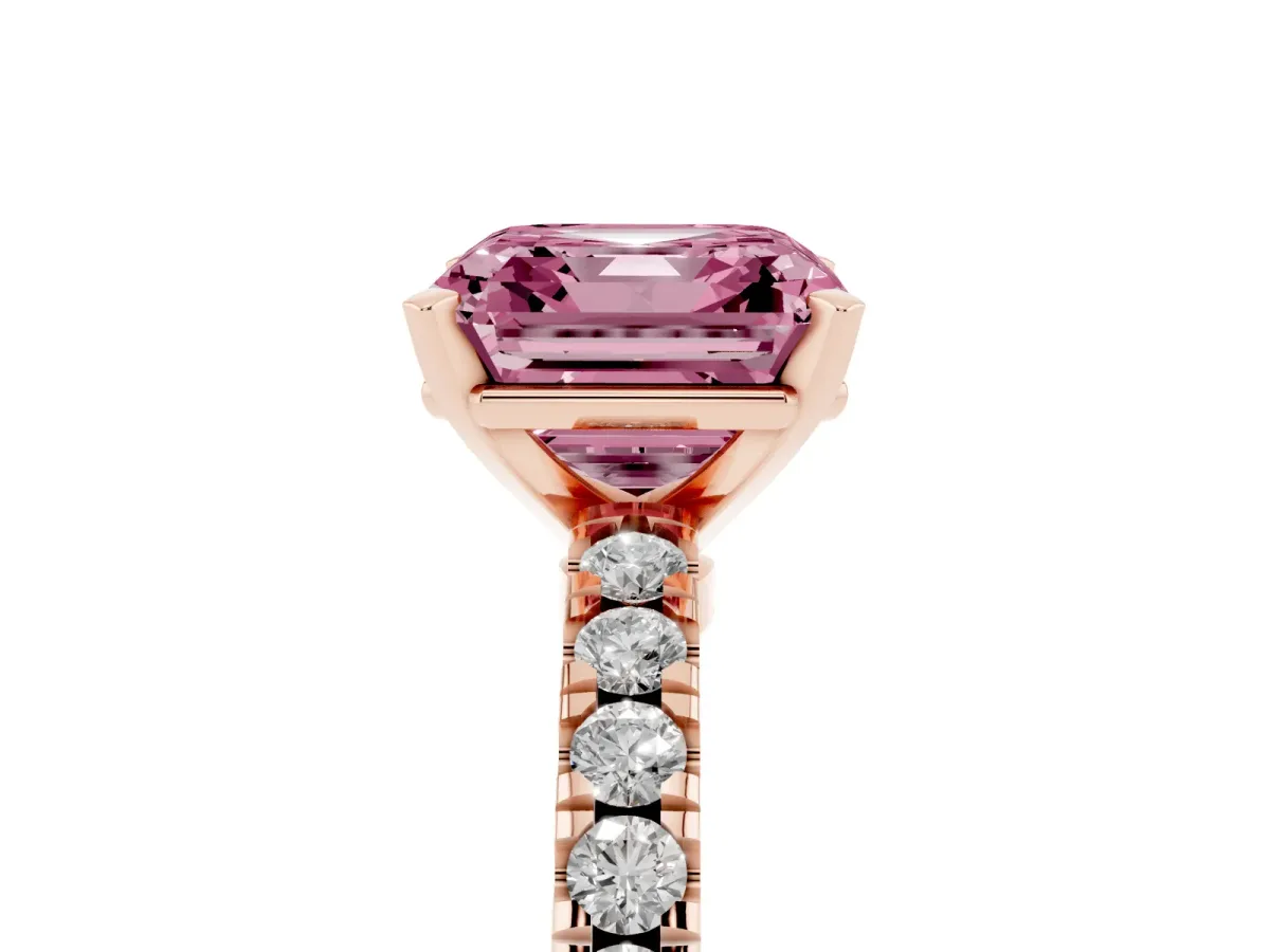 Fancy Pink Asscher Cut Solitaire Diamond with Pavé Band and Four-Prong Setting Rose gold