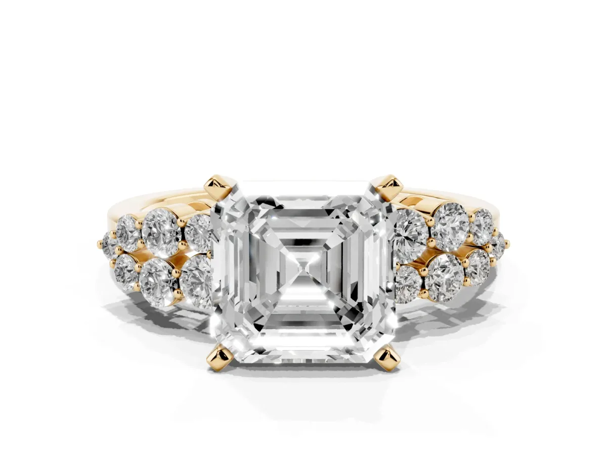 Asscher Cut Cluster Diamond Engagement Ring with Pavé Band and Four-Prong Setting Yellow gold