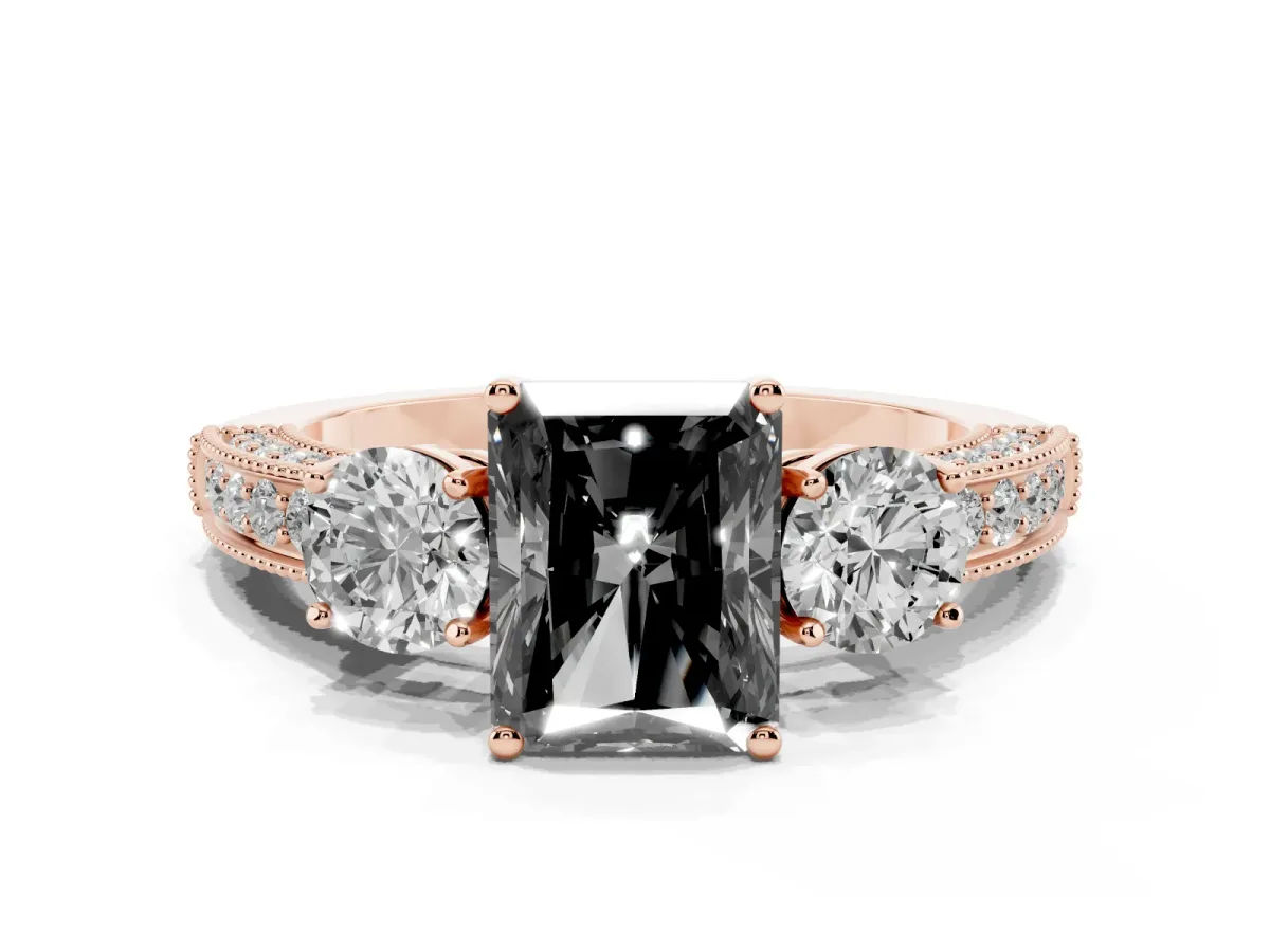 Fancy Black Radiant Cut Three-Stone Diamond Ring with Pavé Band and Four-Prong Setting Rose gold