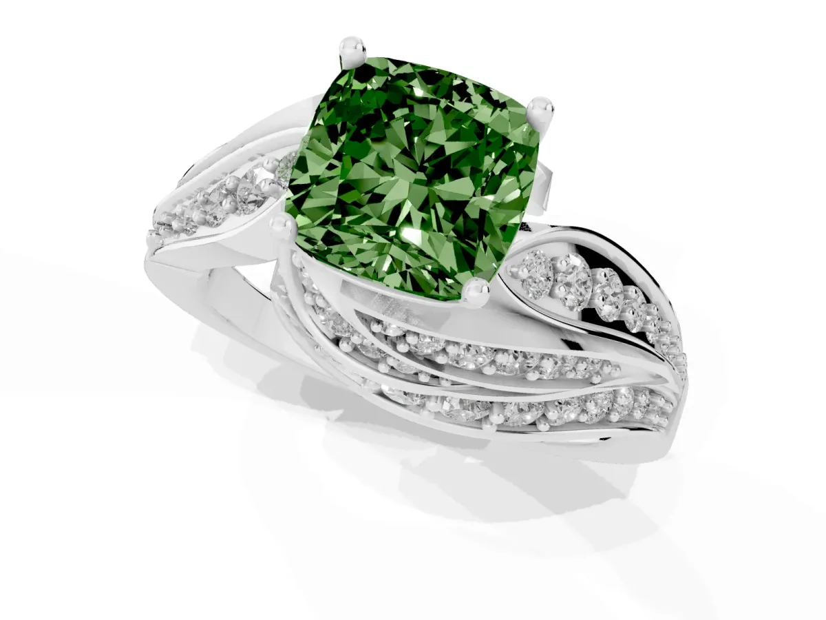 Fancy Green Cushion Cut Diamond Solitaire Ring with Prong Setting and Twisted Pavé Band Silver